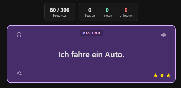 Screenshot of the FluentLoop app showing an interactive German sentence exercise with known and unknown words highlighted.